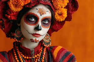 Day of the Dead woman with colorful skull makeup, traditional re, a Holiday Photo by José Manuel Gelpi