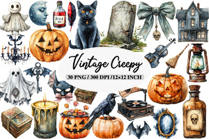Vintage Creepy Halloween Clipart, an Illustration by Daily.Designs