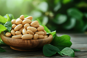 White beans in brown plate on blurred green background, a Food & Drink Photo by AlyaAnd