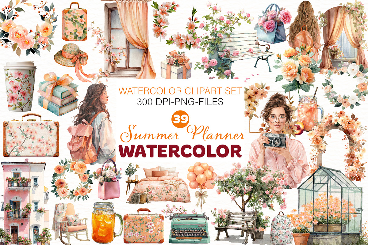Watercolor Summer Planner Clipart, an Illustration by Designworld (Photo 1 of 5)