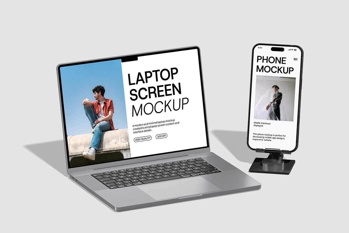Laptop and Phone mockup, a Wearable Device Mockup by Unerispace (Photo 2 of 5)