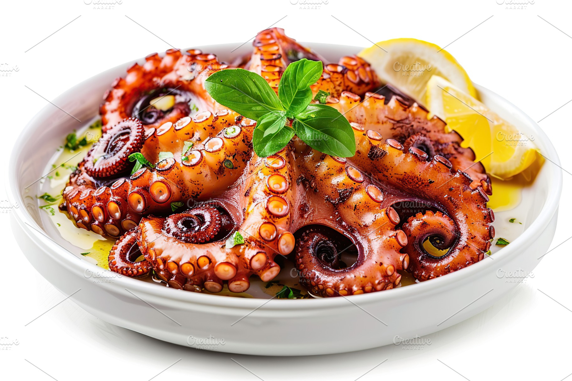 Grilled octopus leg in plate isolated on white background, a Food & Drink Photo by AlyaAnd