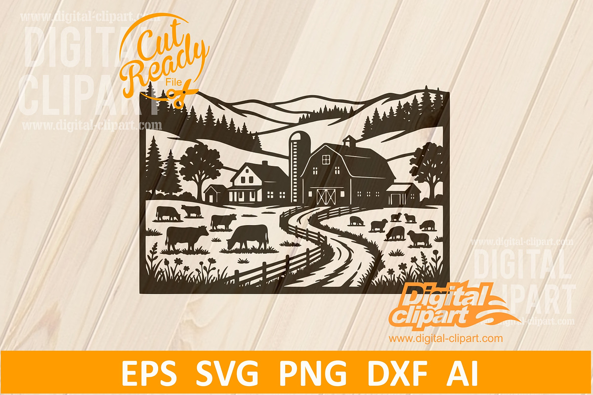 Vector Silhouette of a Rustic Farm, a Decorative Illustration by Digital-Clipart