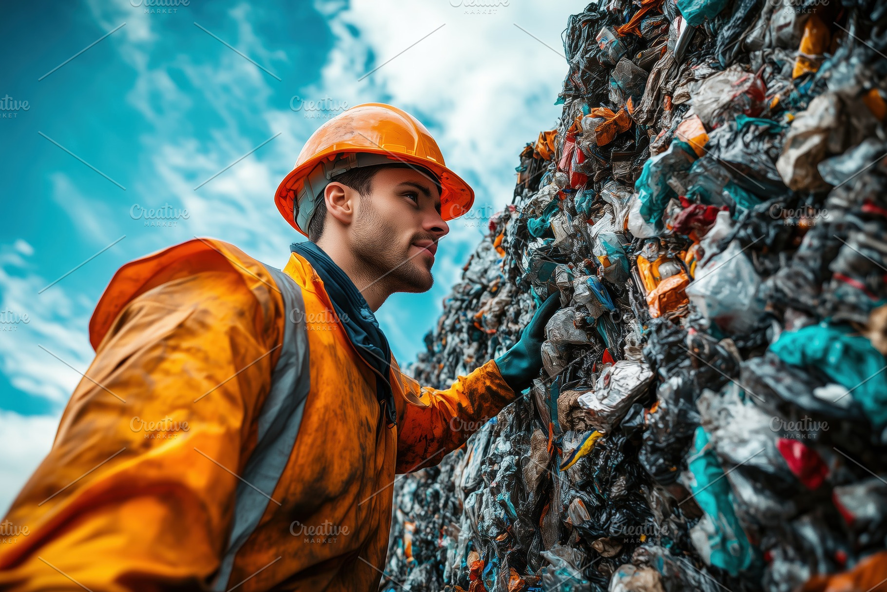 A recycling technologist worker in an orange safety helmet and jacket inspects, a Person Photo by Textures & Backgrounds