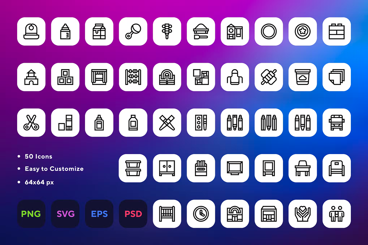 50 Kindergarten Icons, an Outline Icon by Wencory (Photo 1 of 2)