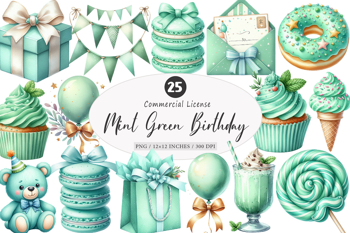 Watercolor Mint Green Birthday PNG, an Illustration by SinaCreation (Photo 1 of 5)