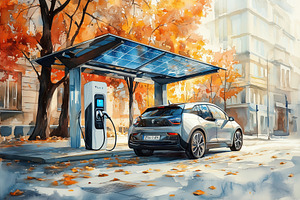A modern electric car charging at a solar-powered charging station surrounded b, a Technology Photo by Textures & Backgrounds