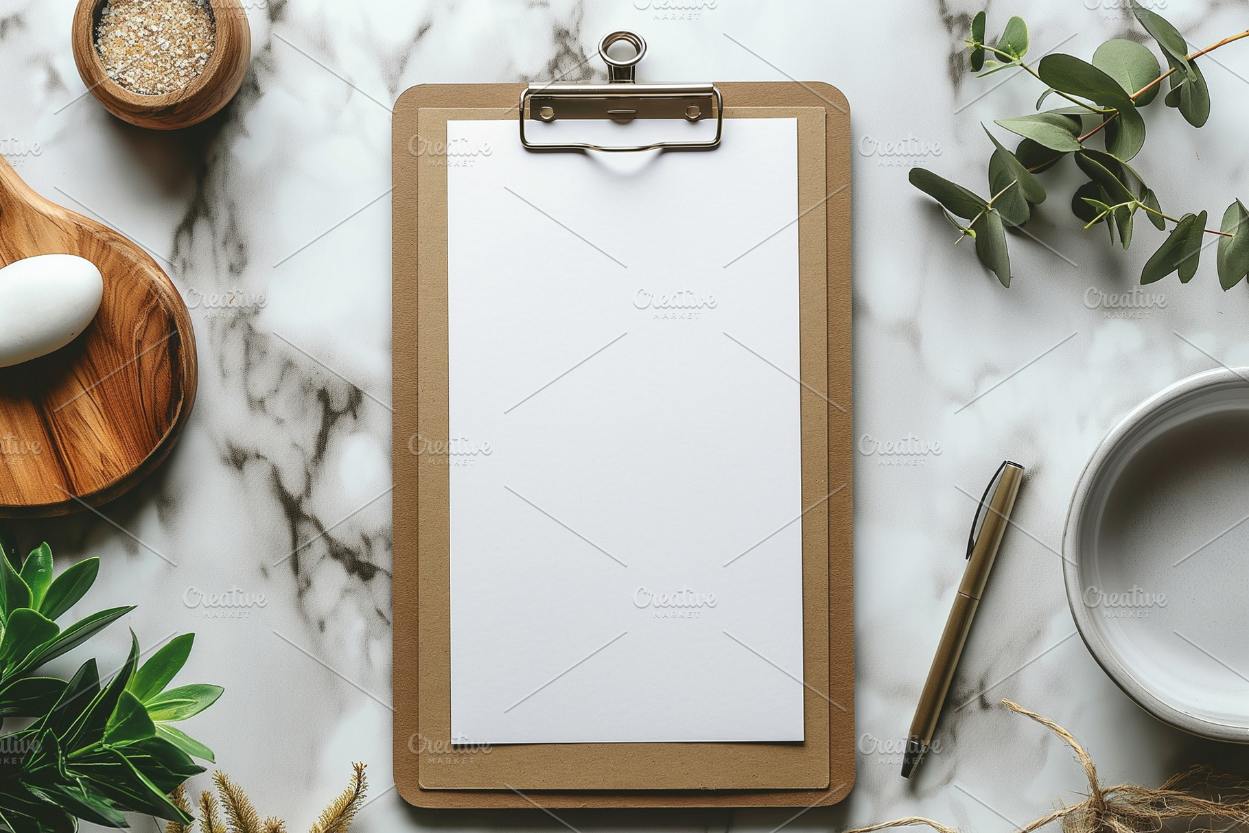 A blank clipboard on a marble surface surrounded by natural elements, perfect f, a Business Photo by ImageMir