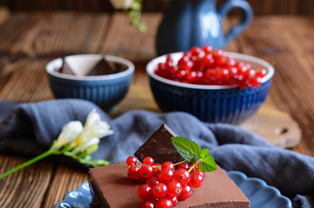 Cocoa dessert with red currant, a Food & Drink Photo by NoirChocolate