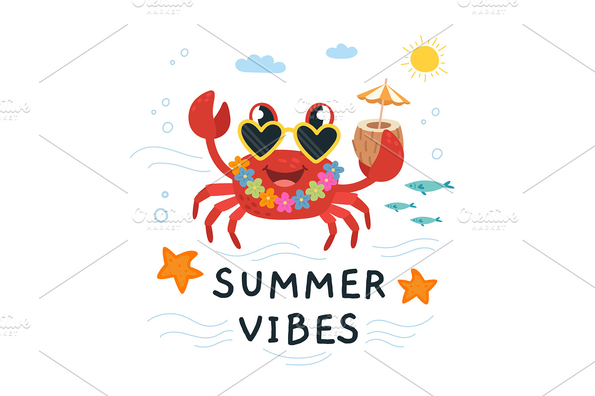 Crab print. Funny crab in sunglasses, an Animal Illustration by LadadikArt