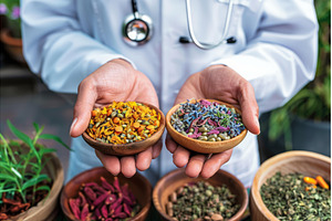 Doctor presenting herbal medicine, a Health & Medical Photo by Ylivdesign
