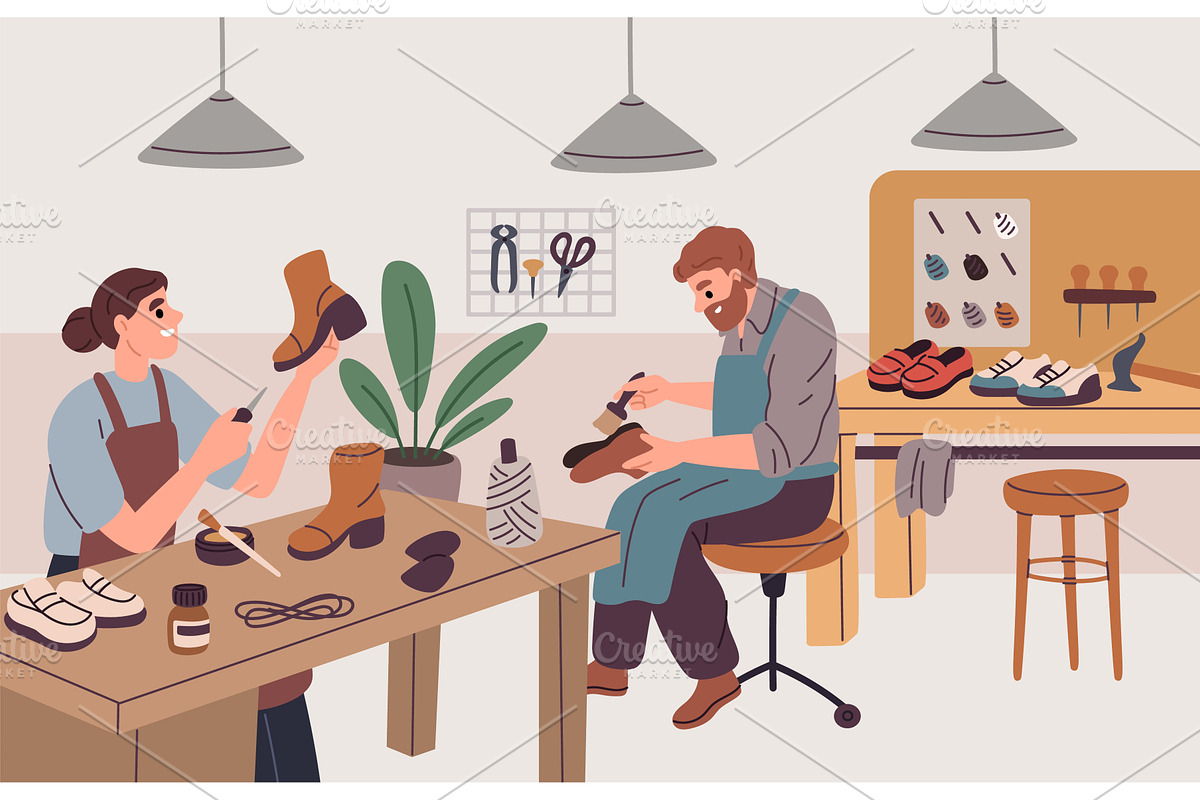 Shoe workshop. Craftsmen repair and, an Object Illustration by YummyBuum