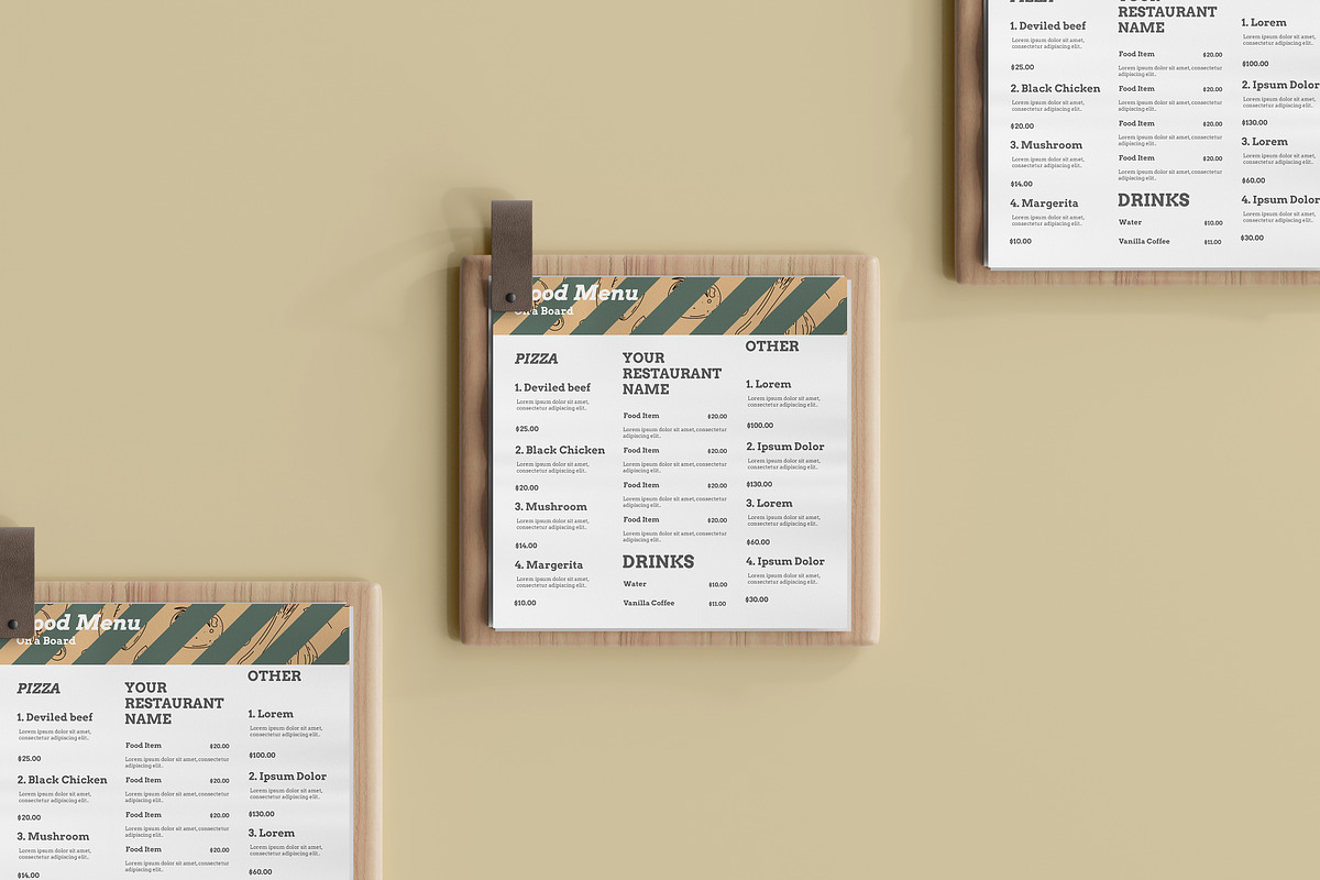 Square Food Menu on a Board Mockup, a Print Template by pmvch