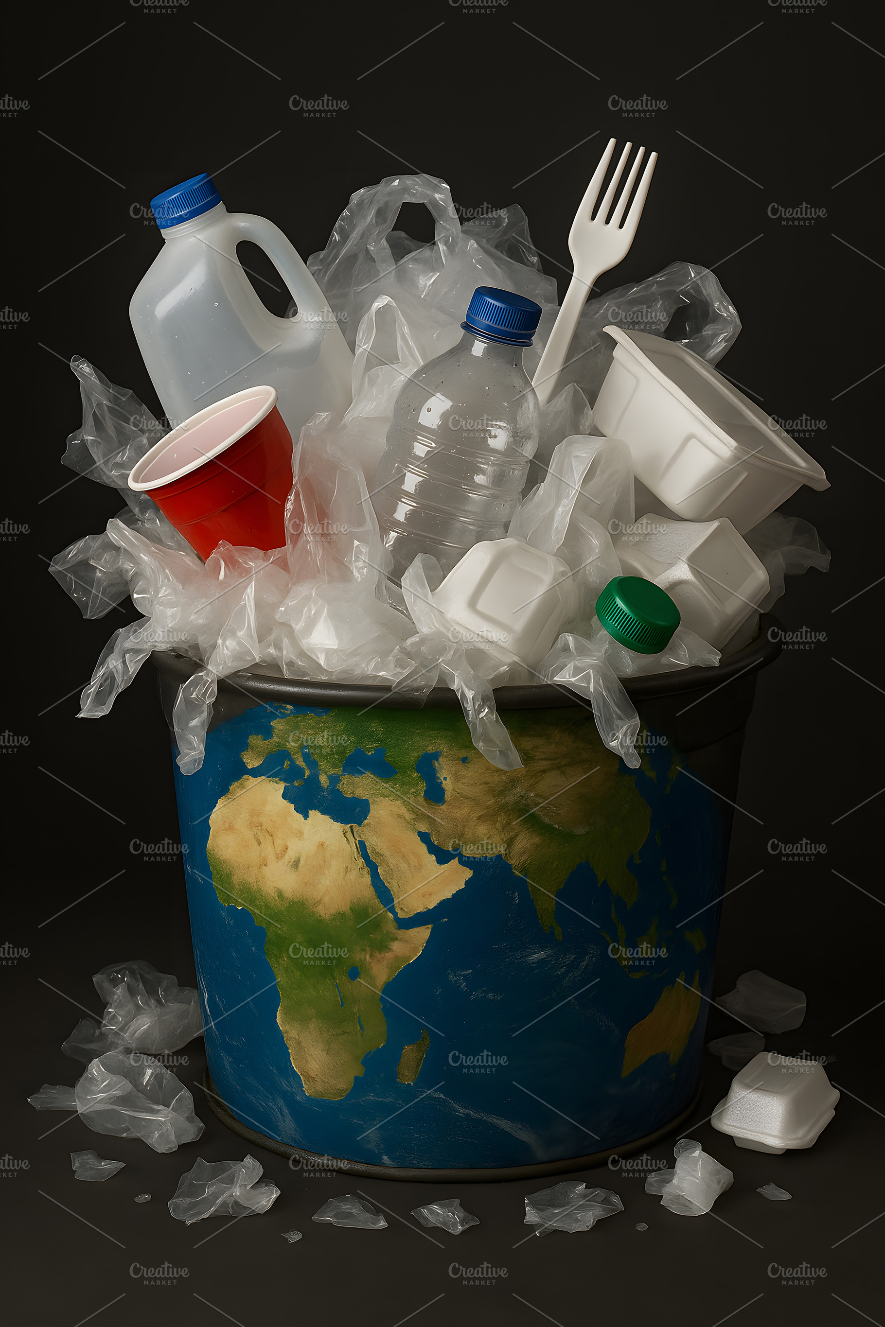 Overflowing trash bin with plastic waste and planet Earth, a Nature Photo by GoodGoods