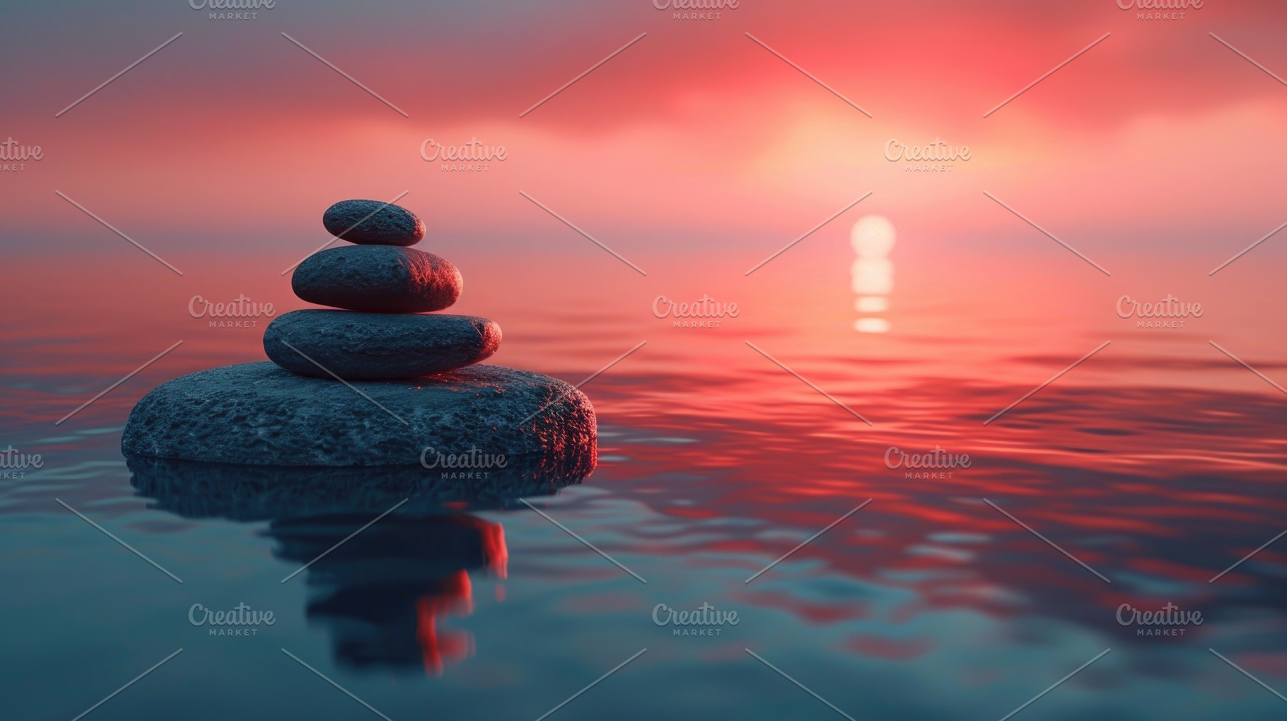 Zen Stones Stacked on Calm Water at Red Sunset, a Background Photo by José Manuel Gelpi