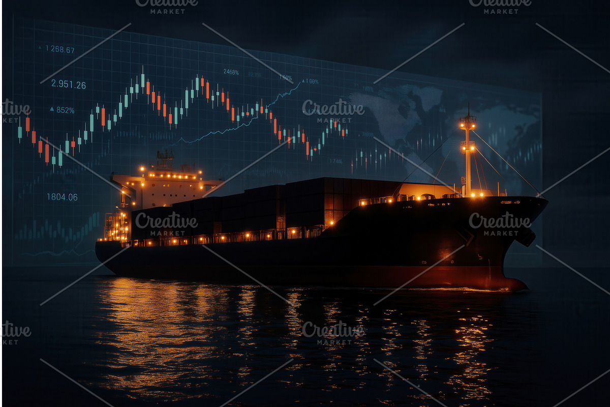A cargo ship with illuminated lights, a Transportation Illustration by Sergey Kotenev