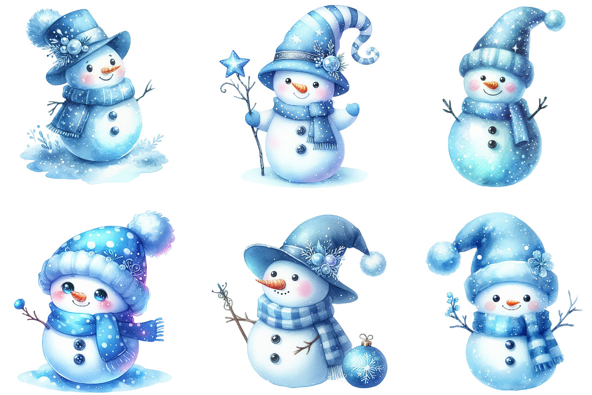 Watercolor Blue Cute Snowman Clipart, an Illustration by DreamCafeArt (Photo 2 of 6)