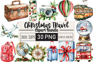 Christmas Travel Watercolour Clipart, an Illustration by Black Bird Studio