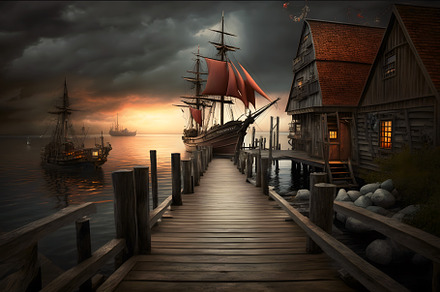 Pirate port overlooking old sailing, an Illustration by Lopatin Photo