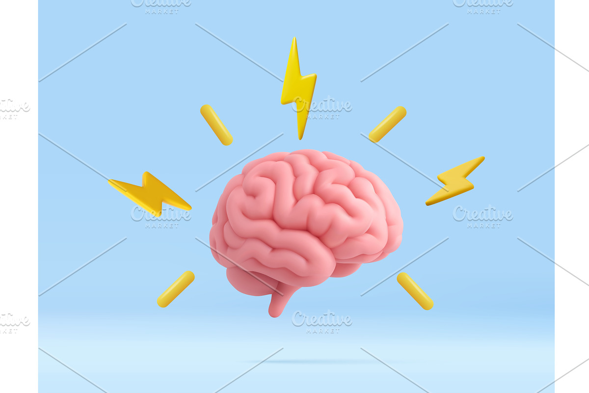 3D Brain with Lightning Bolts, an Education Illustration by ModVector