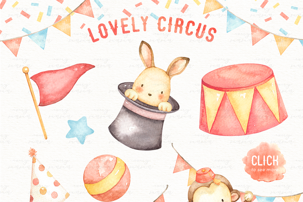Lovely Circus Watercolor Clip Arts, an Animal Illustration by everysunsun