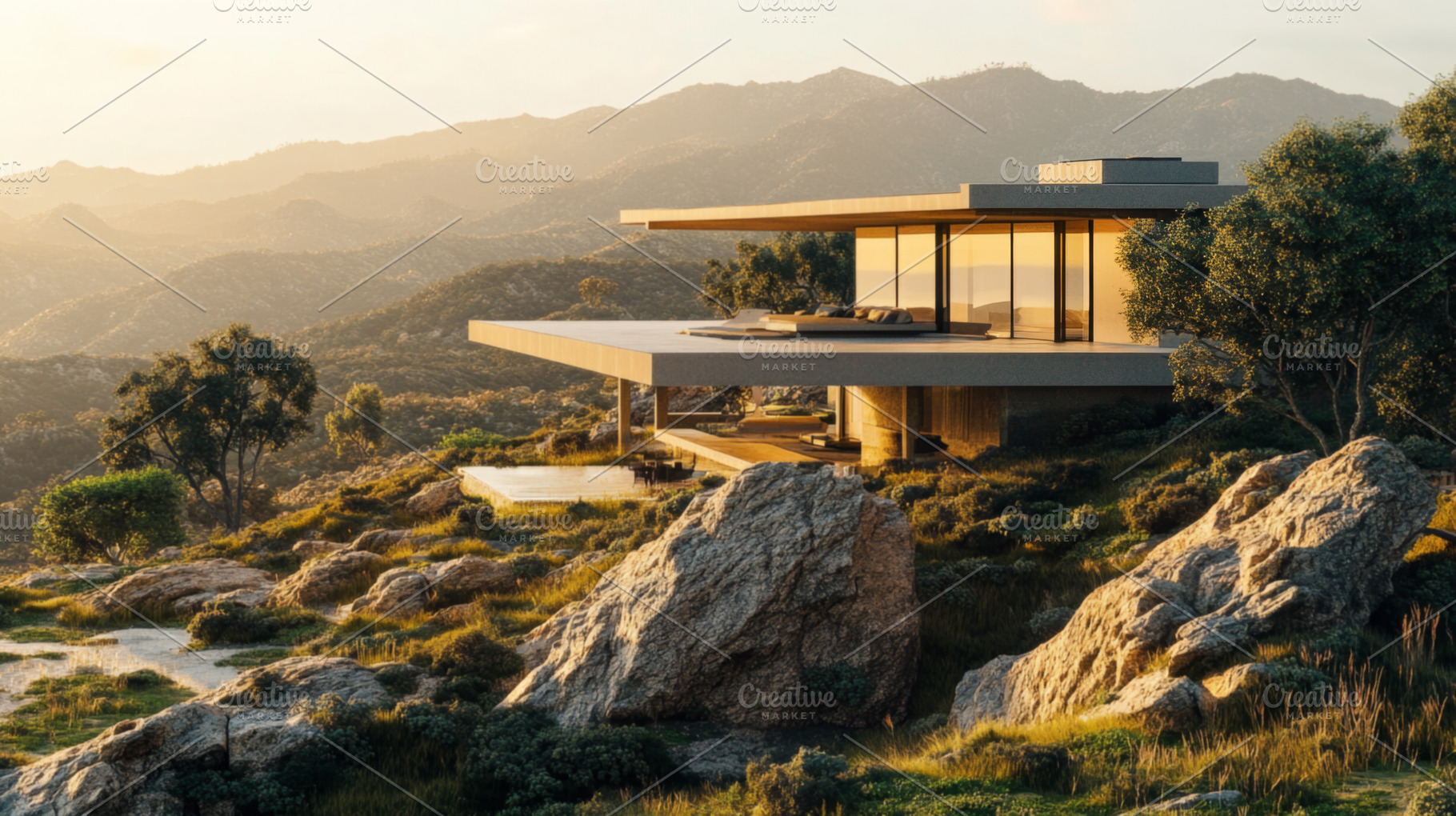 Modern Luxury House in Mountains at Sunset with Panoramic Views, an Abstract Photo by Natalia Klenova's Shop