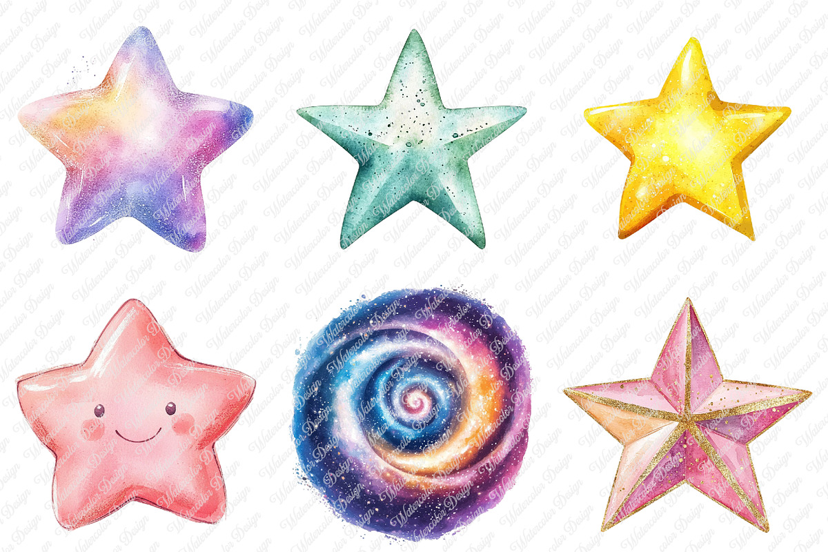 Cute Colorful Watercolor Stars png, an Illustration by Watercolor design (Photo 3 of 12)