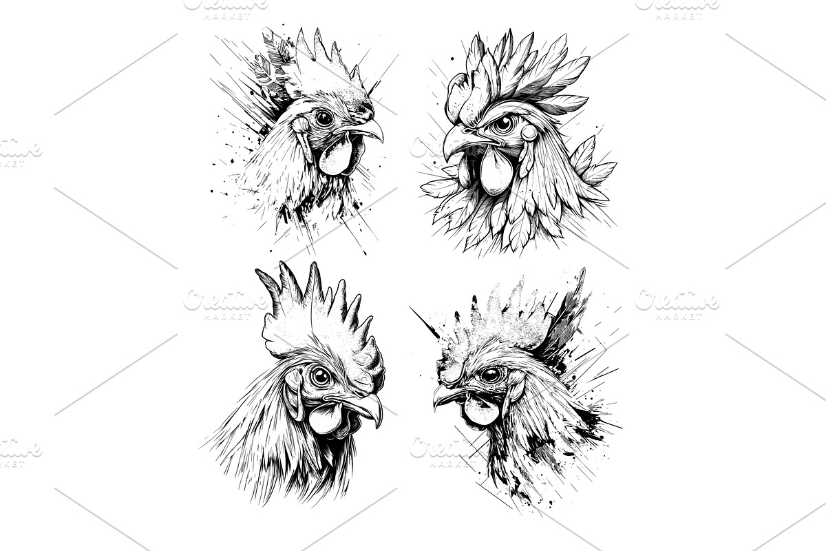 Rooster avatars black ink sketch, an Animal Illustration by Onyx