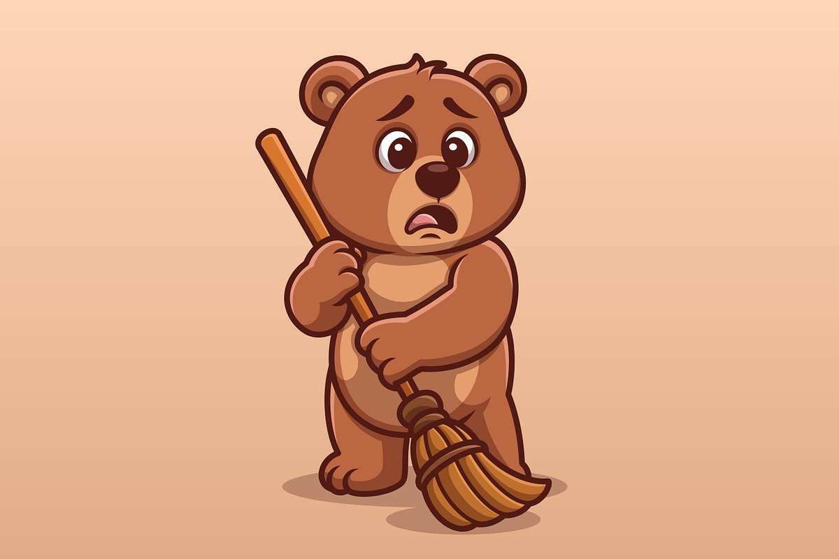 Worried Bear Sweeping Cartoon, an Animal Illustration by Gumrega Studio