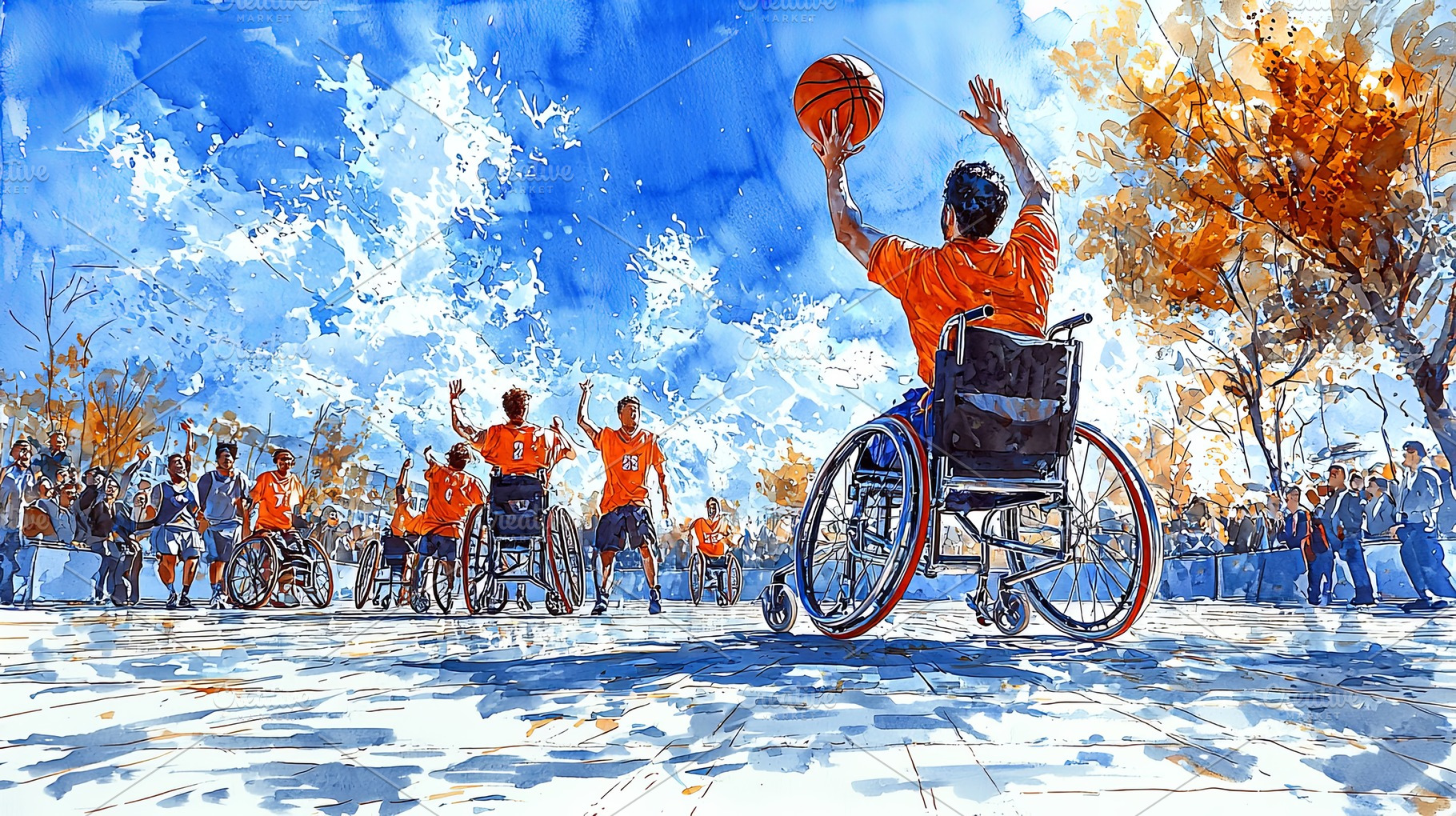 Energetic wheelchair basketball game with a sunny outdoor setting and active pl, a Photo by AS photostudio