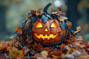 Halloween pumpkin with carved face s, a Photo by Tanuart