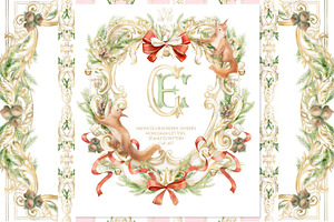 Watercolor Christmas frame, monogram