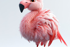 Fluffy pink cartoon flamingo with black beak standing on light b, an Animal Photo by José Manuel Gelpi