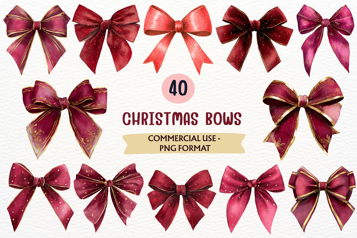 Watercolor Christmas Bow Clipart PNG, a Decorative Illustration by SugarCloudStudioArt (Photo 1 of 7)