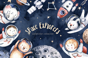 Watercolor Space Explorers. Kids Set