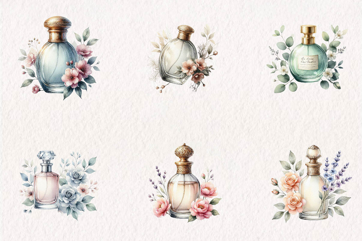 Vintage Perfume Bottles Watercolor, a Seasonal Illustration by CreationArt (Photo 3 of 8)