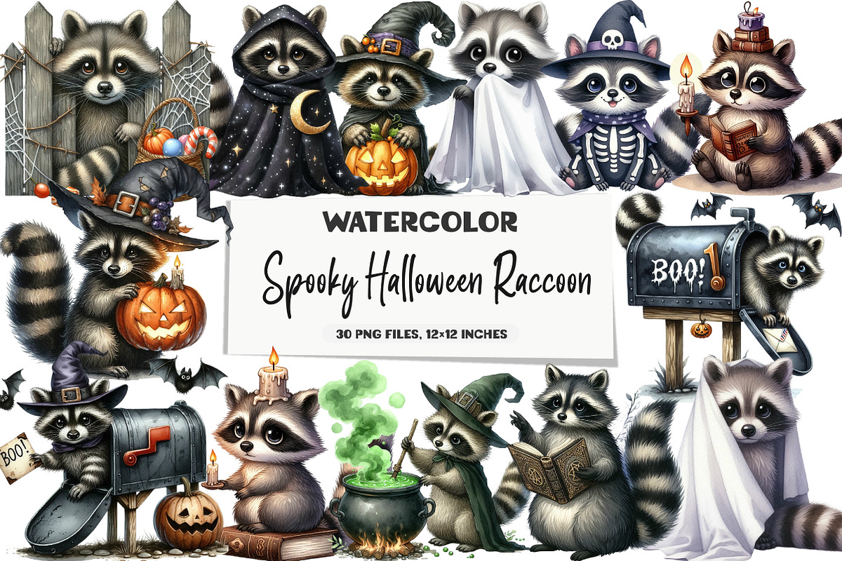 Watercolor Spooky Halloween Raccoon, an Illustration by DreamArtGraphic (Photo 1 of 5)