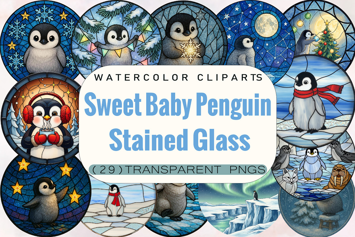 Sweet Baby Penguin Stained Glass Cli, an Illustration by SVGArt (Photo 1 of 8)