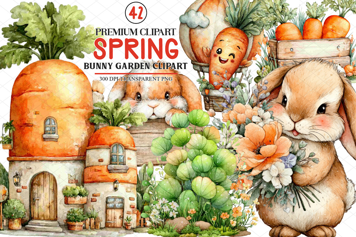 Spring Bunny Garden Clipart, an Illustration by cherrydesign (Photo 1 of 4)