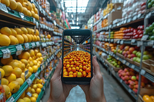 Shopper takes a picture of a vibrant, a Photo by Tanuart