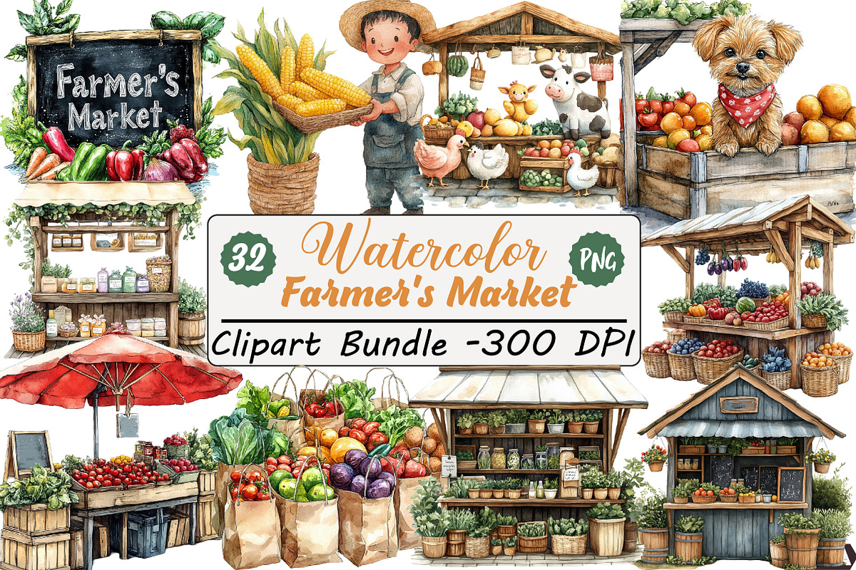 Watercolor Farmer's Market Clipart P, an Illustration by DreamCafeArt (Photo 1 of 7)
