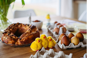Traditional Easter table with dyed, a Holiday Photo by HalfPoint