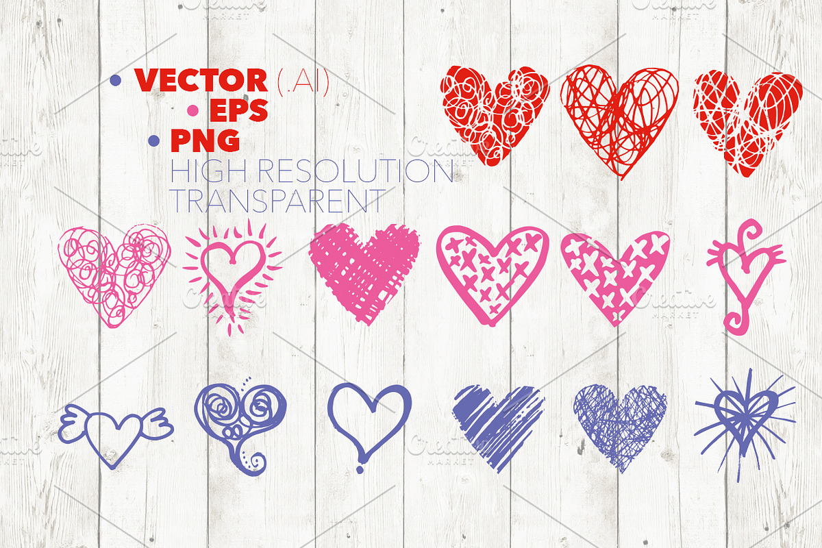 45 Hand drawn hearts in trendy color, a Decorative Illustration by guylaine's design (Photo 4 of 4)