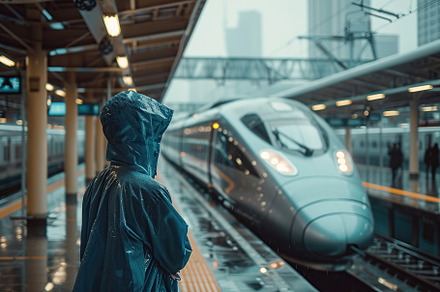Human in raincoat standing at rail station platform waiting trai, a Transportation Photo by AlyaAnd