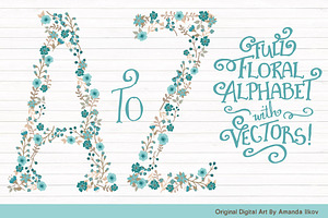 Vintage Blue Floral Alphabet