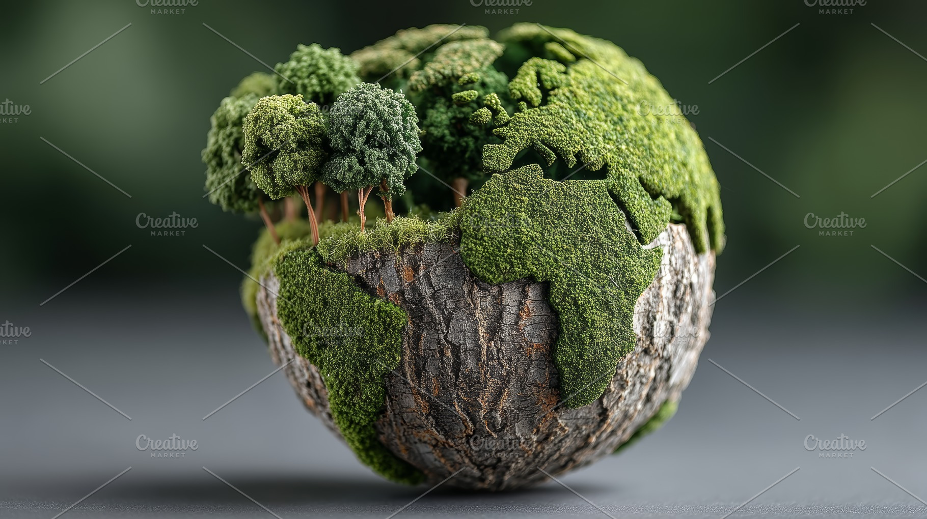 Eco business concept: green planet globe made of bark, moss and trees represent, a Photo by AS photostudio