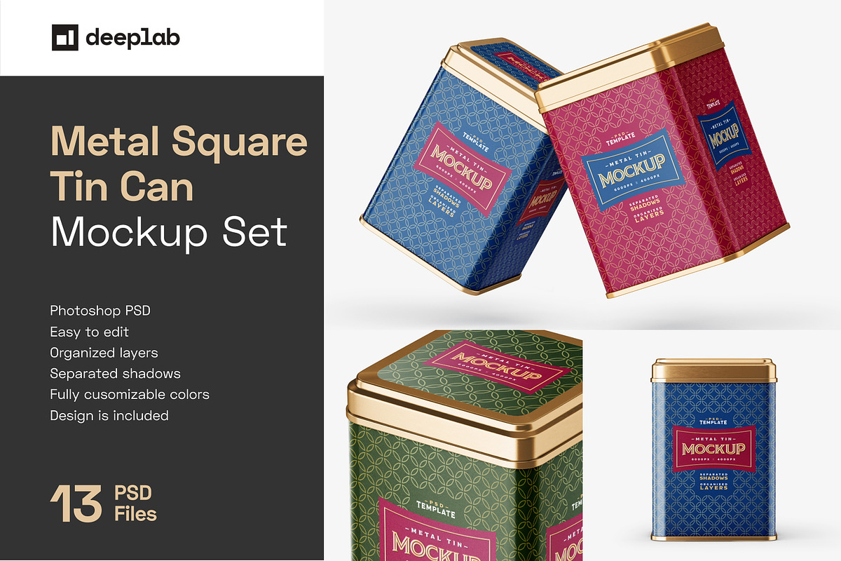 Square Tin Can Mockup Set, a Cups & Container Mockup by Deeplab (Photo 1 of 16)