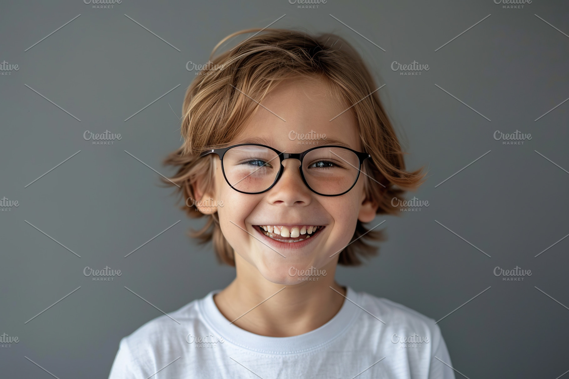 Cute little boy in eyeglasses on grey background, a Person Photo by AlyaAnd
