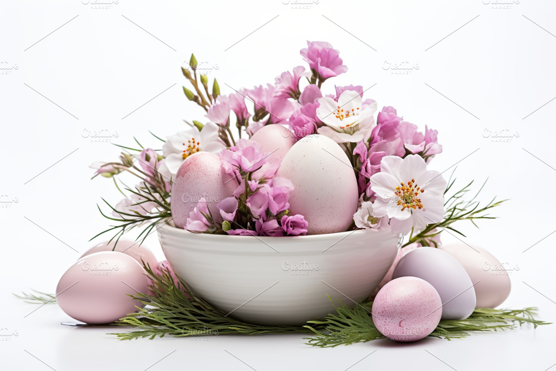 Colorful easter eggs with flowers on white background, a Holiday Photo by AlyaAnd