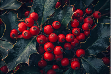Christmas holly berries and leaves, a Holiday Photo by Ylivdesign
